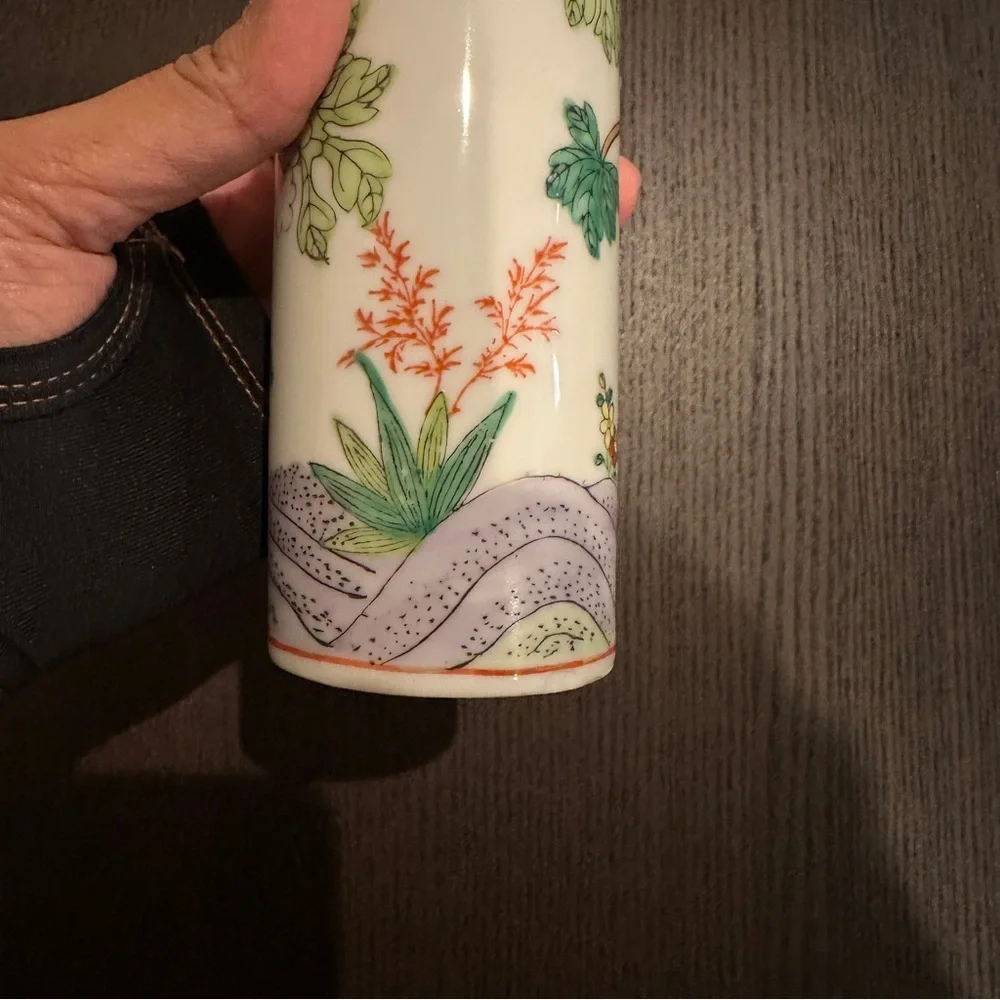 Vintage Oriental Asian Multicolor Artwork Cylindrical Round Vase 8” Tall approx.
